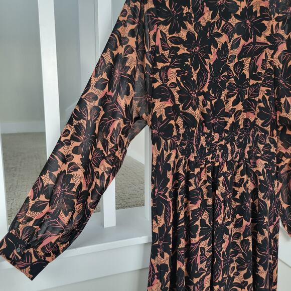 ASTR The Label Floral Smocked V-Neck Long Sleeve Dress Black/Coral Women Sz L - Picture 16 of 16